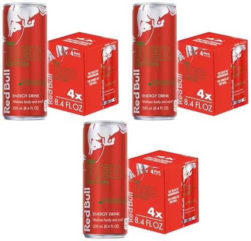 Image of Red Bull Red Edition Energy Drink, Watermelon, with 80mg Caffeine plus Taurine & B Vitamins, 8.4 Fl Oz, Pack of 12 Cans
