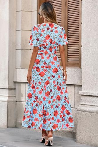 Image of MASCOMODA Women Boho Swiss Dot Maxi Dresses Wrap V Neck Flutter Short Sleeve Solid Tie Waist A Line Tiered Flowy Long Dresses
