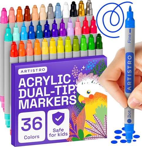ARTISTRO 36 Acrylic Paint Pens for Rock, Fabric, Wood, Glass, Decoration - Dual Tip (Dot & Fine) Paint Markers for Coloring Books for Adults, Teens, Kids - Art and Craft Supplies Kit - Great Gift