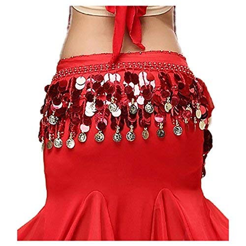 Image of VRITRAZ Women's Chiffon Belly Dance Hip Scarf Waistband Belt Skirt Mixed Colors Beads and Golded Coins 56 Black