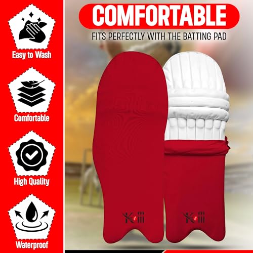 KM SPORTS Cricket Batting Pads Covers – Waterproof, Durable & Stretchable – Protects Leg Guards from Dirt & Wear – Ideal for Training & Matches – One Size Fits Most (Pair) (Red)