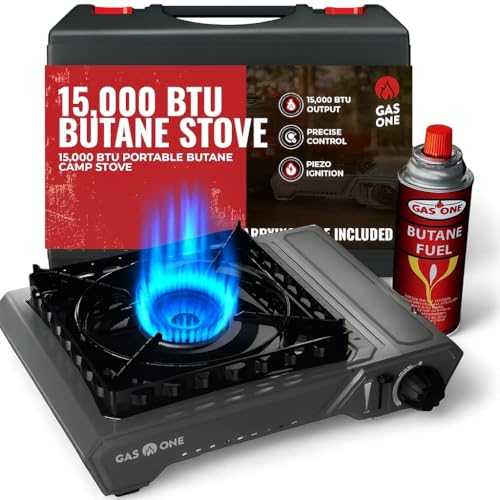 GasOne GS-5900A 15 000 BTU Portable Butane Camping Stove with Heavy Duty Case: Automatic Ignition High Output Precise Heat Control - Camping & Tailgating and Outdoor Cooking