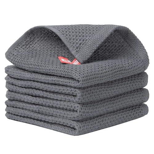 Image of Cotton Kitchen Dish Cloths, 4 Pack Super Absorbent and Lint Free Waffle Weave Dish Towels, Fast Drying Dish Rags for Washing Dishes, 13.4 X 13.4 Inch, (Dark Grey, Pack of 4)