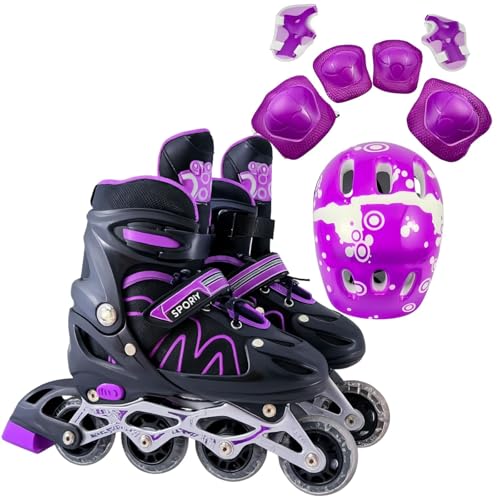 Patins Roller Inline 4 Rodas Skates Ajustavél - Patins Inline para Jovens e Adultos - Confortável e Seguro para Iniciantes + Kit Completo com Capacete e Proteções (Roxo/Roxo, Roller G (37 ao 40))
