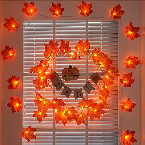 YEGUO 2 PCS Fall Decorations for Home, Thanksgiving Lights Battery Operated, Total 20ft 40 LED Lighted Fall Garland Maple Leaves for Halloween Holiday Autumn Harvest Fall Thanksgiving Decor - Image 3