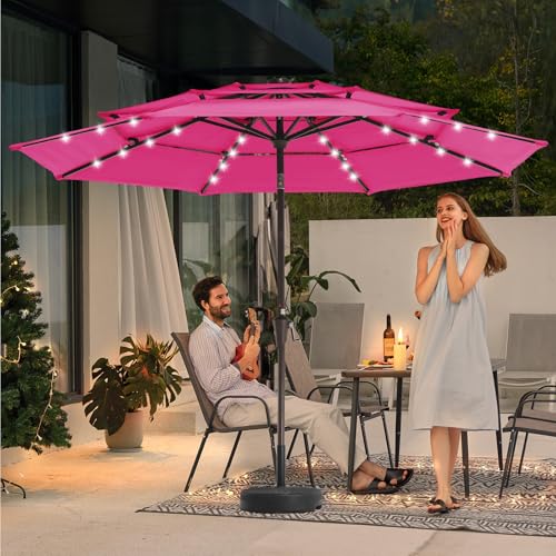 Image of JEAREY 3 Tiers Patio Umbrella with Solar Lights 9ft Outdoor Market Table Umbrellas with Push Button Tilt for Outside Pool Garden, Pink