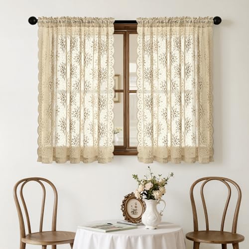 Image of MIULEE Vintage Floral Scalloped Lace Curtains 2 Panels, Beige 52 inch W x 54 inch L | Victorian Decorative Design, Semi Sheer Curtains, Pretty Cafe Short Tier Panels, Lace Small Drapes for Kitchen