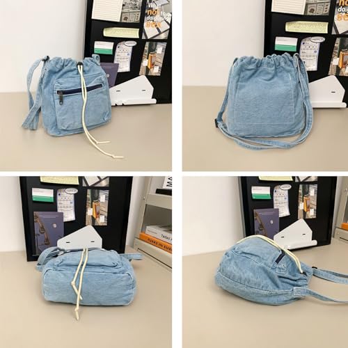 Mini Gym Bag Women Blue Small Drawstring Sports Duffle Bag Lightweight Travel Crossbody Denim Purse(Dark Blue)4