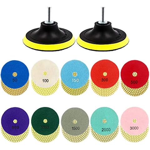Tanzfrosch 12 Pack 4 inch Diamond Polishing Pads Set Wet/Dry Polishing Kit 10pcs 50#-3000# Grit Pads with 2pcs Hook and Loop Backer Pads for Granite Stone Concrete Marble Floor Grinder or Polisher Cover