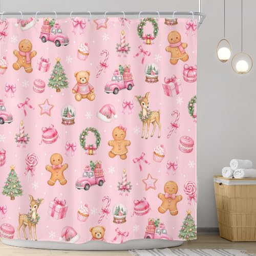 Image of Pink Christmas Shower Curtain Cute Gingerbread Deer Bear Bow Bathroom Decor