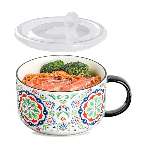 Chubacoo Jumbo Soup Bowl with Lid: 38 oz Ceramic Soup Mug with Big Handle for Ramen Cereal Breakfast Meal Prep Office Lunch Dorm Living - Microwave Safe Extra Large Food Container - Pattern A