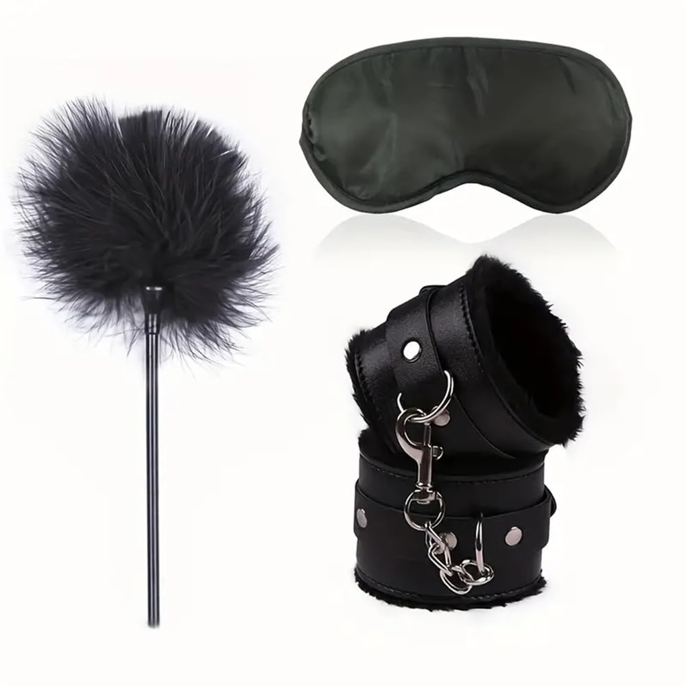 Polsini in peluche vincolati in pelle artificiale, maschera per gli occhi, piume, accessori per giochi di coppia