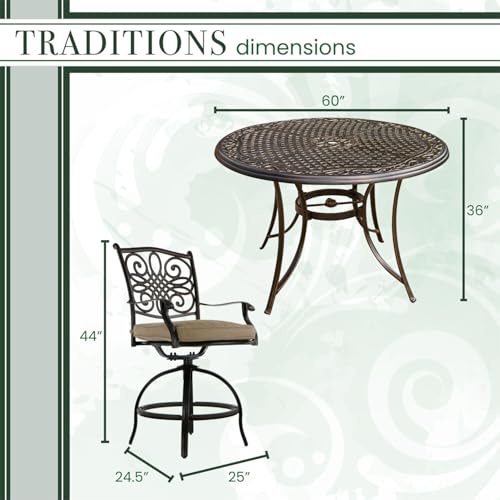 Hanover Traditions 5-Piece High-Dining Patio Table and Chairs Set in Tan with 4 Counter-Height Swivel Chairs, Plush UV-Resistant Natural Oat Cushions, and 56 Inch Cast-top Outdoor Dining Table - Thumbnail 3