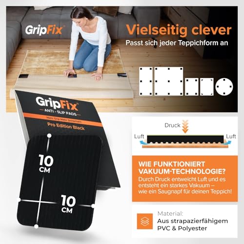 GripFix® Teppich Antirutschunterlage – STARKER Halt OHNE RÜCKSTÄNDE – MEHR Sicherheit IM Alltag – Waschbare & Wiederverwendbare Pads (4 Set, Schwarz)