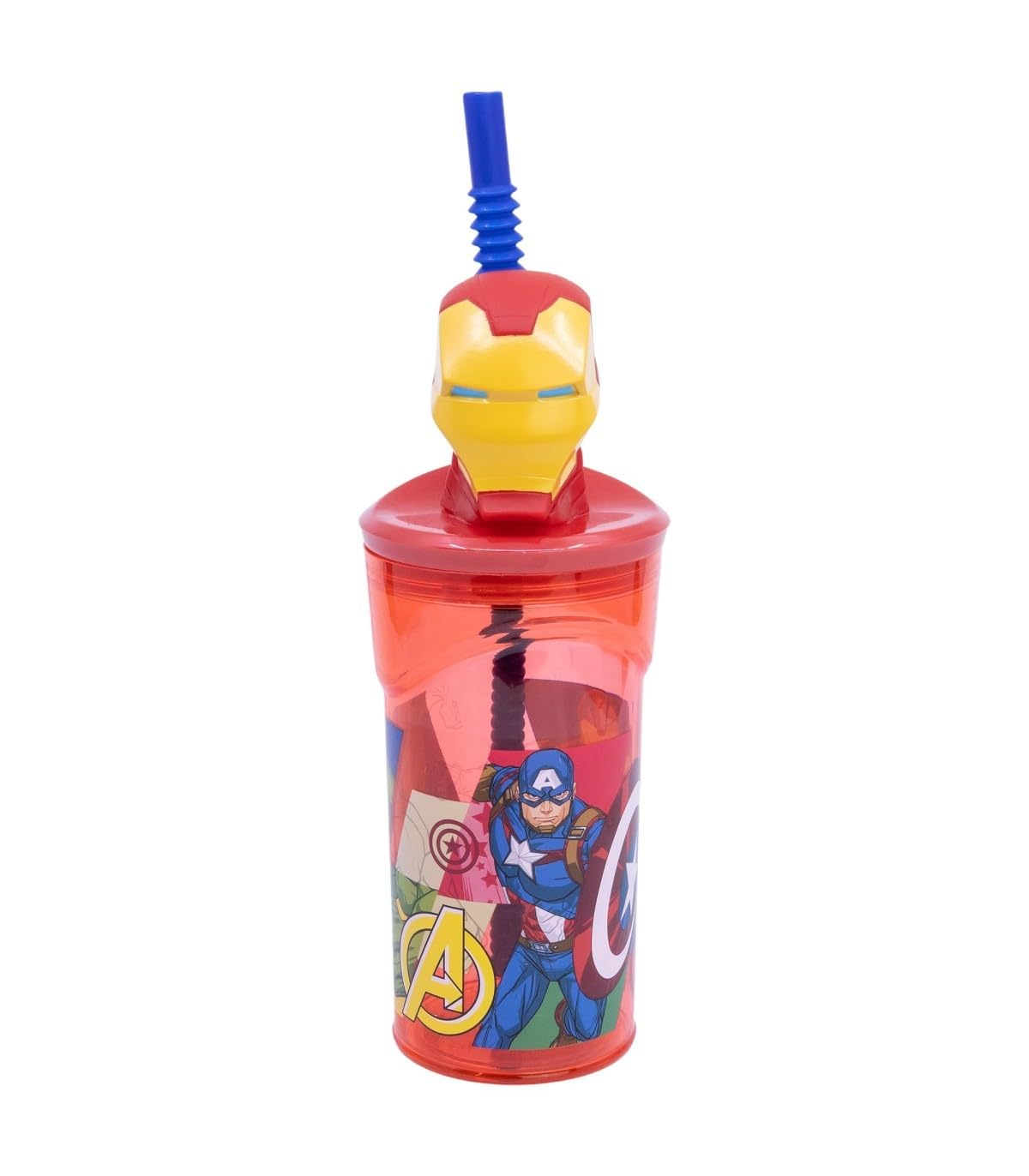 SRV Hub Iron Man 3D Figurine Tumbler 360ml with Straw for Kids | BPA Free Plastic Drinking Cup | Leak Resistant Lid | Reusable Water Bottle for School, Travel & Outdoor Activities | Red