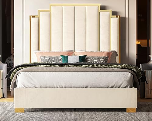 Albott 1062030158-HT Queen Size Platform Bed Frame, 61.4 Inch Velvet Upholstered Bed With Gold Trim Headboard/Wooden Slats/No Box Spring Needed/Cream thumb #2