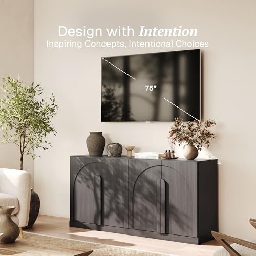 Image of BELLEZE Bijou 64 inch Modern Buffet Sideboard, Mid-Century Arch Carved Wood Door Cabinet, Textured Storage Console for Living Room, Kitchen, Entryway - Ebony