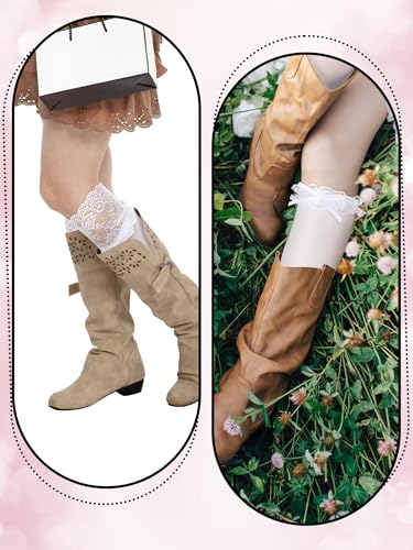4 Pairs Womens Lace Knee High Socks Calf Socks Fishnet with Bow Knot White Lace Trim Long Boot Stockings Lolita over Knee Silky Stockings2
