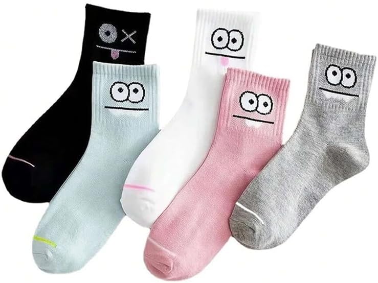5 Pairs Women's Mid-calf Cute Expression Printed Comfort Cartoon Eyes Patterned Funny Girls Socks