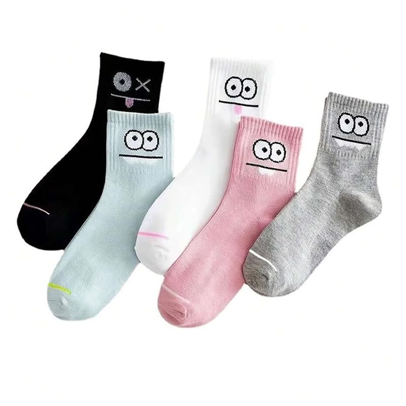 Generic5 Pairs Women's Mid-calf Cute Expression Printed Comfort Cartoon Eyes Patterned Funny Girls Socks