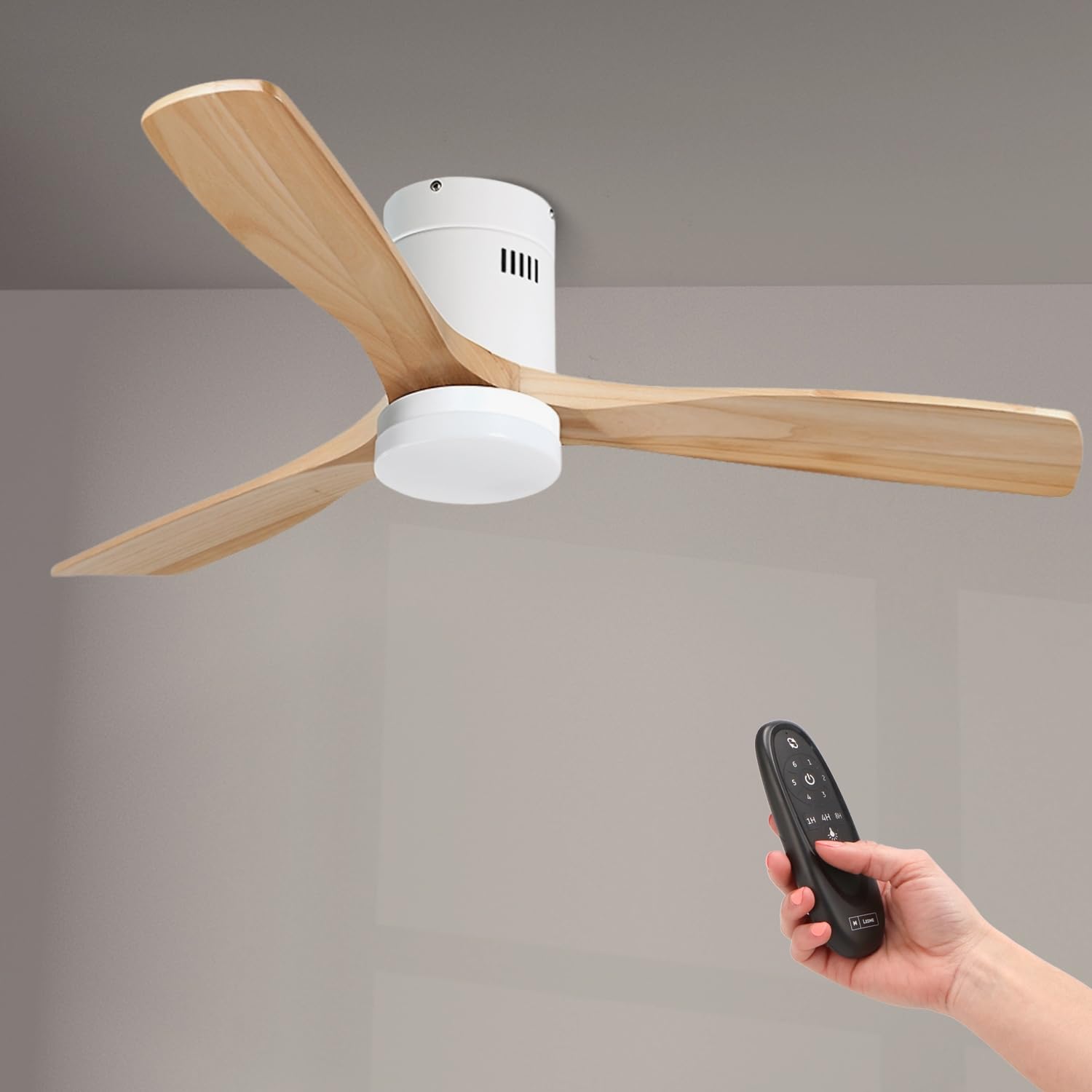 Ceiling Fan LED Energy 48W White, remote control, DC motor 30W+LED light 18W, 6 speeds, silent, 3 blades natural wood, 132 cm, summer-winter function, timer
