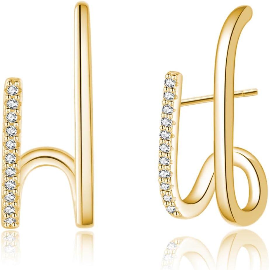 Reffeer Solid 925 Sterling Silver CZ Crawler Earrings Cuff for Women Teen Girls Wrap Stud Earrings Cuff Post Stud Earrings