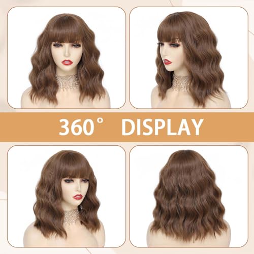 Image of Pastel Brown Wavy Bob Wig for Women, Short Shoulder Length Synthetic Wig with Bangs, Natural Looking Lightweight Hairpiece for Daily Wear & Cosplay Costume Party