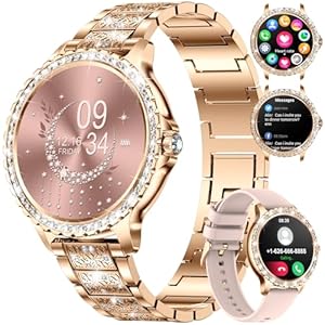 LIGE Smartwatch Damen Bluetooth Anrufe für Android iOS Smart Watch Damen 100+ Sport Activity Tracker 1,32" HD Touch Screen Herzfrequenz Schlaf Monitor Diamant Rosegold Stahl Frauen Smartwatch