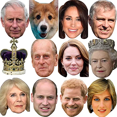 FoxyPrinting GUARANTEED BEFORE CORONATION 12 Royal Family Celebrity Cardboard Party Face Masks - Fancy Dress for King Charles Street party