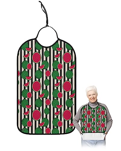 Kewadony Adult Bibs for Elderly Women - Summer Watermelon Waterproof Dining Clothing Protectors with Crumb Catcher for Eating/Feeding, Vintage Fruits Black and White Stripes Terry Cloth Bib Washable