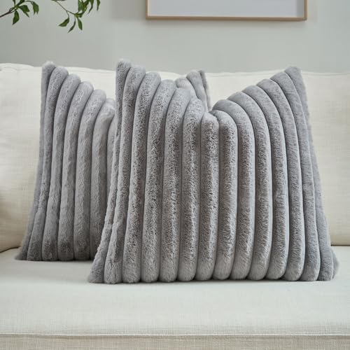 FUTEI Grey Striped Decorative Throw Pillow Covers 16x16 Inch Set of 2,Square Fall Decorations Couch Pillow Case,Soft Cozy Faux Rabbit Fur & Velvet Back,Modern Home Decor for Bed
