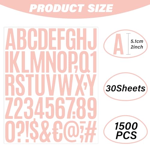 Letter Stickers 30 Sheets 1500 PCS Large Alphabet Sticker 2 Inch Vinyl Self Adhesive Stick on Stickers for Water Bottles Cup Mailbox Number Address Craft Scrapbooking Bulletin Board Decor Pink