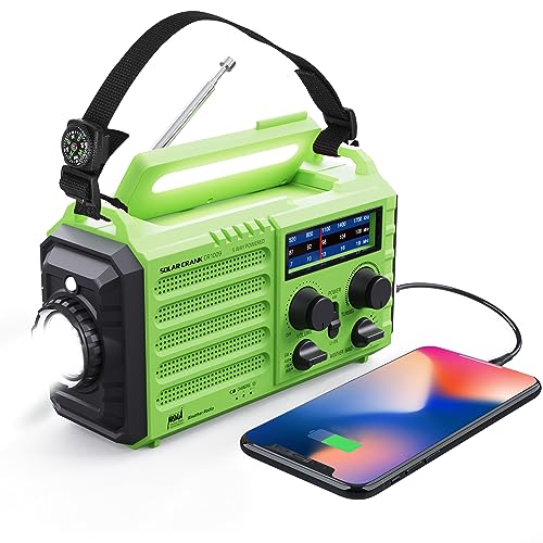 Weather Radio Raynic Solar Hand Crank Emergency Radio 5 Ways Powered AM/FM/SW/NOAA Weather Alert Portable Radio with Flashlight, Reading Lamp (Green)
