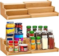 خزانة بامبو - 3 طبقات (الخيزران) منظم رف توابل خشبي قابل للتوسيع للخزانة من 3 طبقات لسطح الطاولة رف توابل للتخزين والتنظيم في المطبخ
