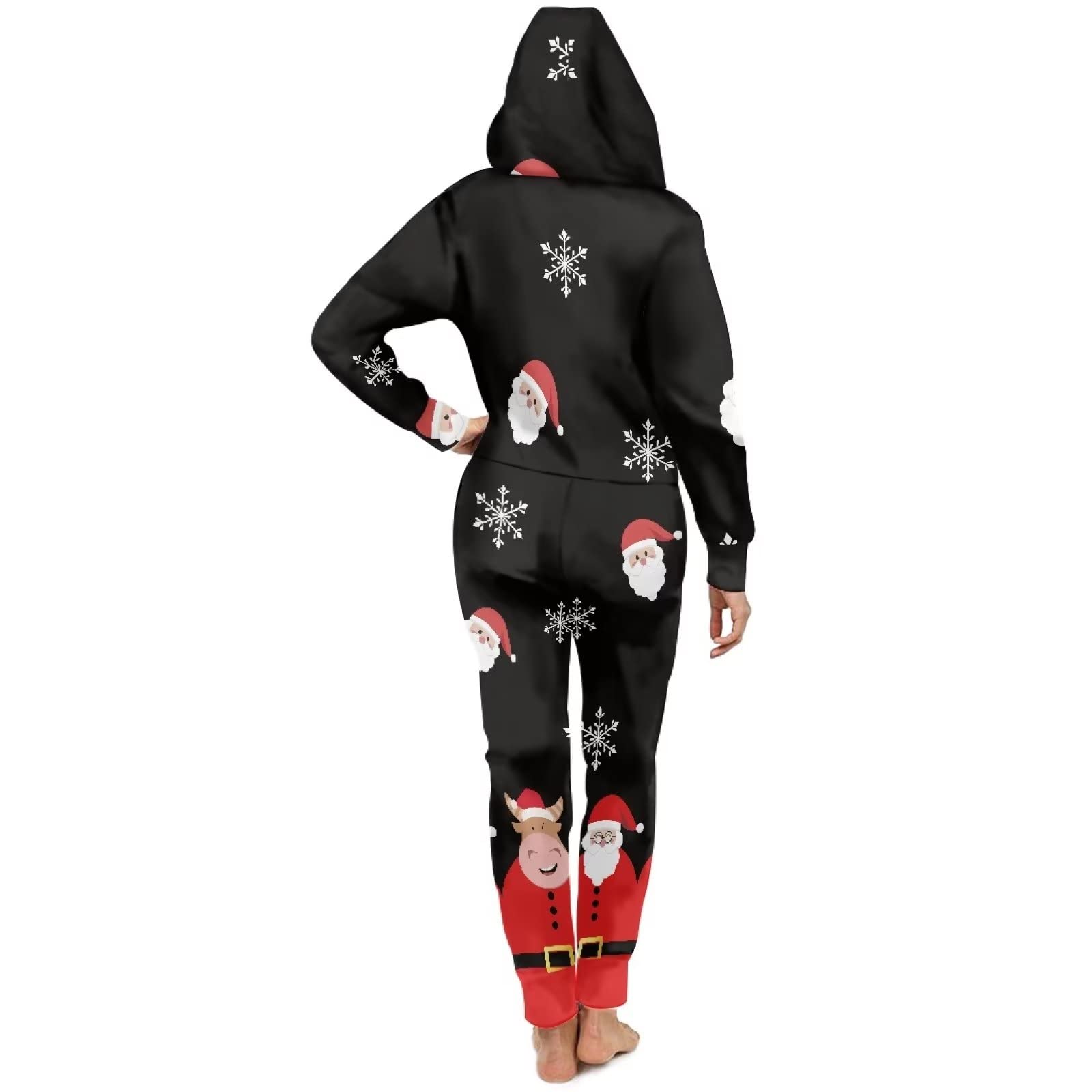 Conjunto de pijama unisex para mujeres y hombres, de manga larga con capucha y bolsillos con cremallera, Papá Noel de vaca navideña, L