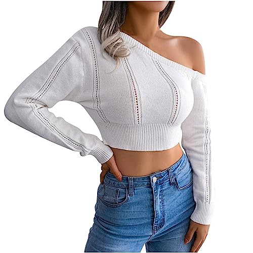 Women's Crop Cable Knit Sweater Teen Girls Cute Sweater Long Sleeve Off Shoulder Short Aesthetic Sweater Tight Jumper