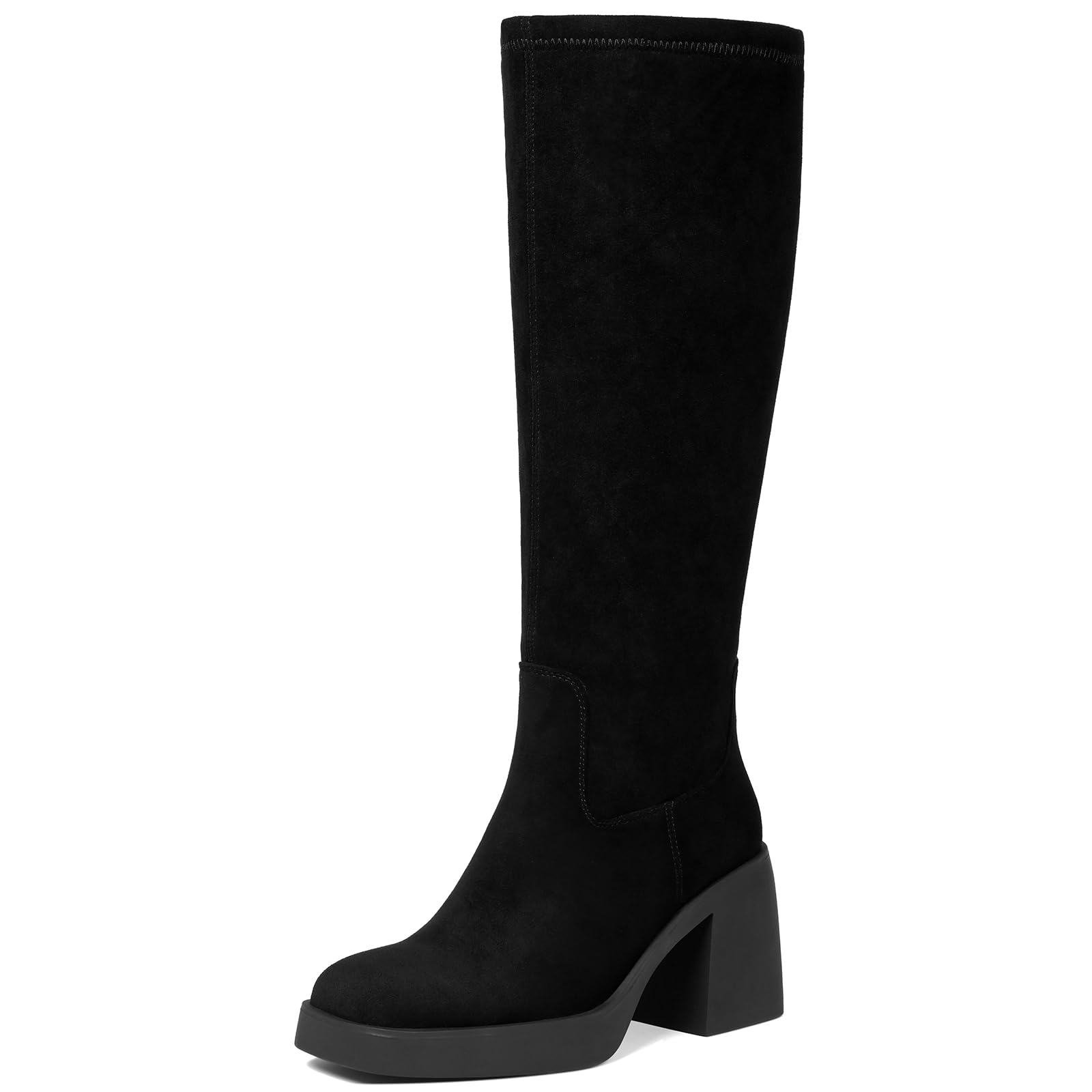 Tscoyuki Black Boots Knee High Suede Fall Boots - Chunky Platform Heel Tall Boots for Women Square Toe