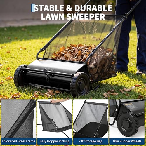 Push Lawn Sweeper 26Inch-Heavy Duty Walk Behind Leaf Collector and Yard Sweeper for Outdoor,Patio,Driveway,Garden Grass Sweepers,4 High Speed Spinning Brush,7 Cu. ft. Hopper Capacity by Garvee - Image 4