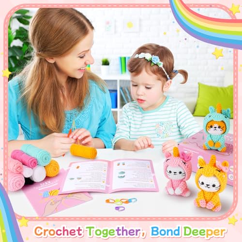 Image of Crochet Kit for Beginners - 3 PCS Unicorn Cat Crochet Kits with Step-by-Step Video Tutorials, Beginner Crochet Kit for Adults, Crochet Animal Kit for Starters, Cat Dressed as Unicorn Set