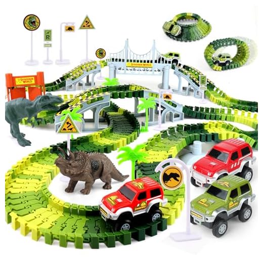 AUUGUU Kids Dinosaur Race Car Track with Flexible Track, Dino Toys, Bridge, Ramps and 2 Race Car Toys – Prehistoric Race Track for Kids Age 3-5