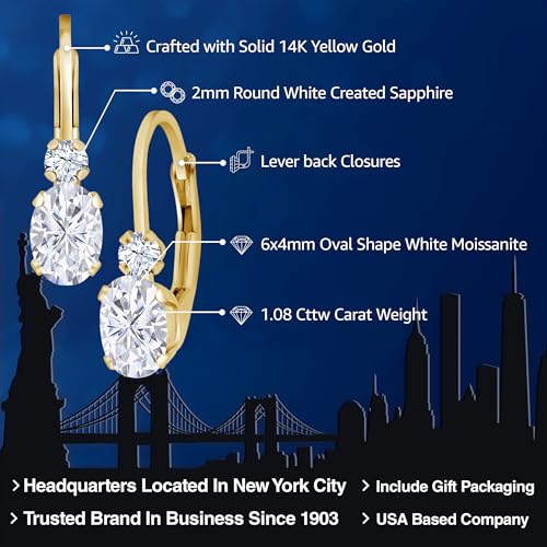 Gem Stone King 14K Yellow Gold Moissanite and White Created Sapphire Leverback Earrings For Women | 1.08 Cttw | Gemstone | Oval 6X4MM, Round 2MM | 3/4 Inch2