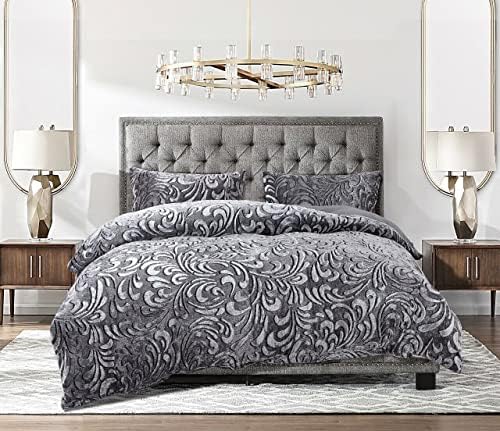 Modern 3Pcs Duvet Cover Set Soft Teddy Fleece Quilt Cover Warm Thermal Bedding Set With Pillowcases (Super King, Grey)