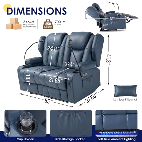 Image of Redlife Power Loveseat Recliner Sofa, PU Leather Dual Reclining Couch with Vibration & Heating, Blue LED Base Lights, USB Ports, Cup Holders & Phone Holders, Home Theater & RV Reclining (Blue)