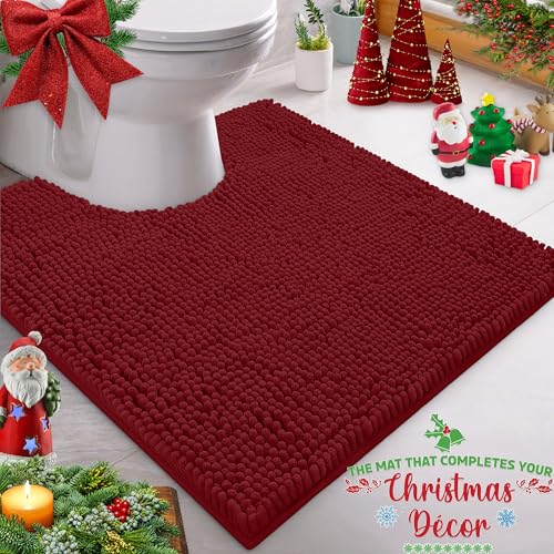 LuxUrux Tapis de bain à poils longs super absorbant en forme de U pour autour des toilettes, lavage et séchage en machine (50,8 x 50,8 cm, bordeaux)