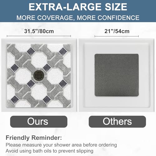 Image of Square Shower Mat Non Slip: 32x32 Inch Extra Large Shower Mats for Inside Shower, Non Slip Shower Mat with Drain Hole in Middle- Anti Slip Shower Floor Mat, Loofah Shower Stall Mats for Elderly