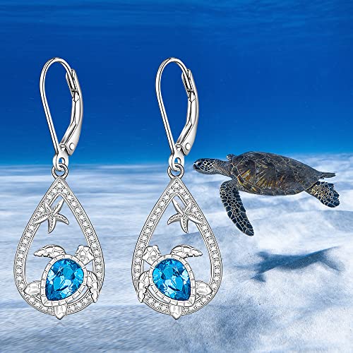 Sea Turtle Earrings for Women Sapphire Jewelry Animal Lover Gifts S925 Sterling Silver Ocean Zirconia Starfish Hoops Blue Dangle Earrings for Friends Sister Mom4