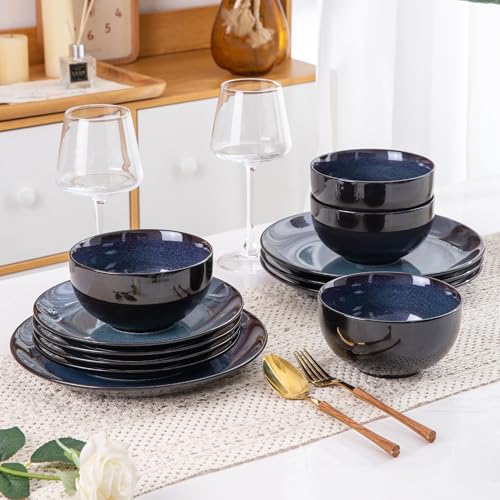 LeRatio Geschirrset für 4 Personen, Steingut Geschirr Set 12-tlg, Keramik Reaktive Glasur Kratzfestes- Schüssel- und Teller-Set, Spülmaschinen- und Mikrowellenfestes