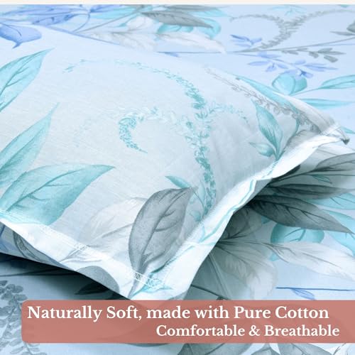 Image of Jaipur Weaves Single Bed Cotton Bedsheet with 1 Pillow Cover, 100% Pure Cotton Single Bedsheet 60x90 Inches, 240 TC Soft Breathable Floral Bed Sheet (Aqua Floral, Single)