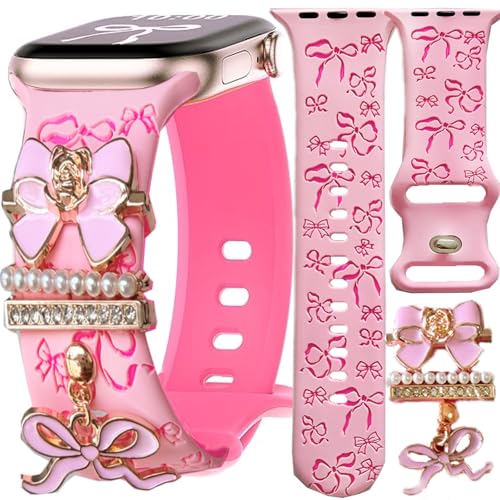 AM World Pink Bow Silicone Band With Charms Compatible Apple Watch Women 41mm 40mm 38mm 44mm 45mm 46mm 42mm 49mm Floral Dressy Engraved Bling Ring Strap for iphone Watch Series 11 10 9 8 7 6 5 4 Ultra SE 3 2 1-pink40