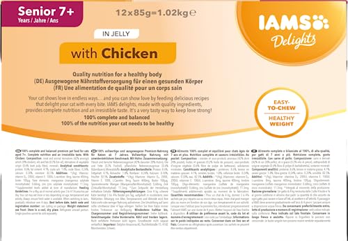 IAMS Delights Senior Katzenfutter Nass - Multipack mit Huhn in Gelee, hochwertiges Nassfutter für ältere Katzen ab 7 Jahre, 12 x 85 g